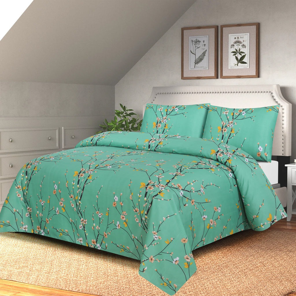 Mint Blossom Printed Bed Sheet Set – King Size