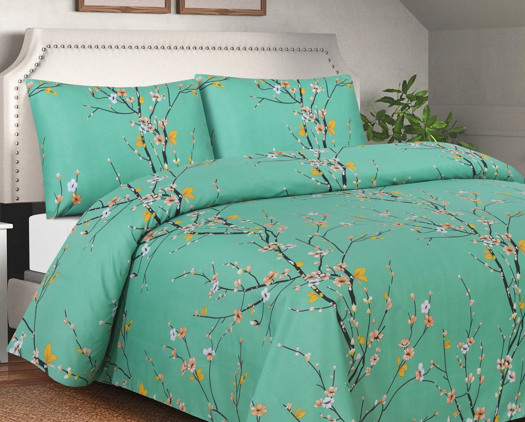 Mint Blossom Printed Bed Sheet Set – King Size