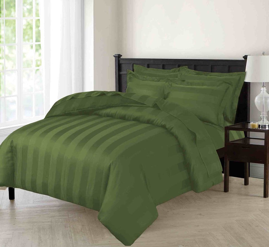 Luxury Stripe Satin Bedding Set – Olive Green| 6-Piece, King Size, Super Soft Fabric