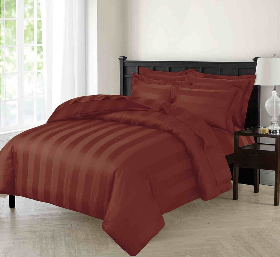 Luxury Stripe Satin Bedding Set – Ruby Rust | 6-Piece, King Size, Super Soft Fabric