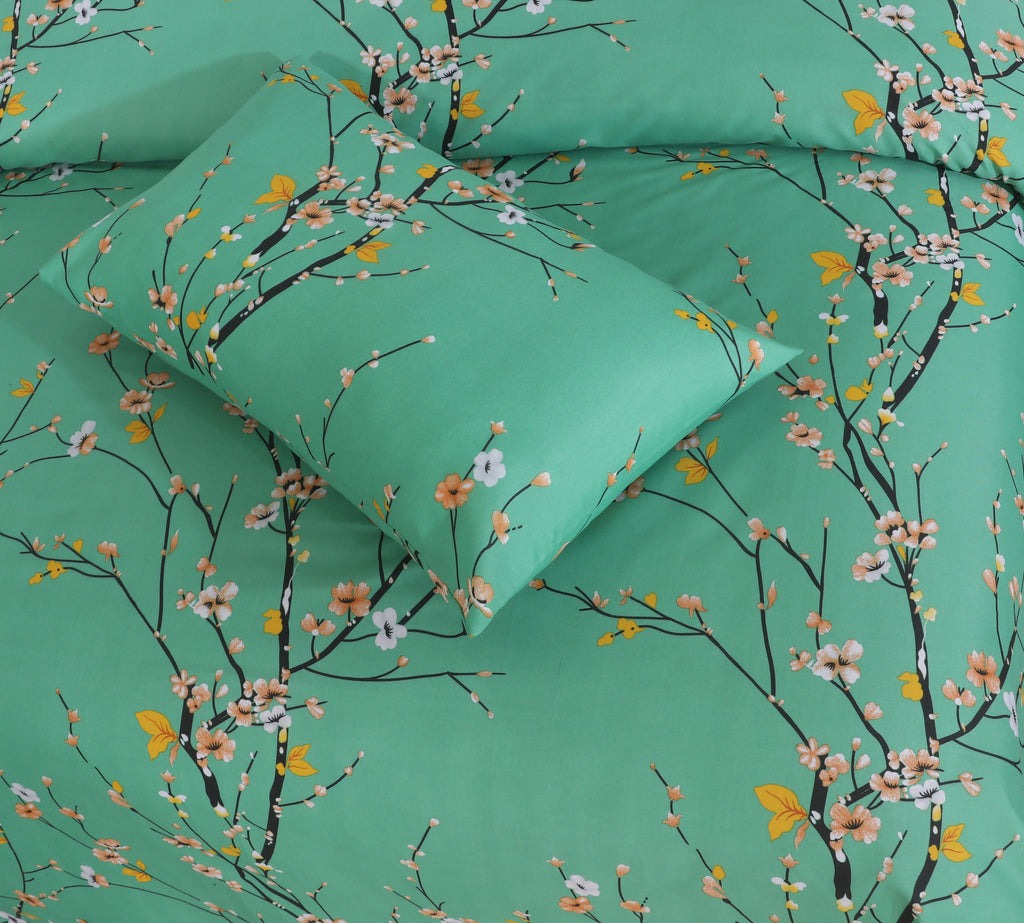 Mint Blossom Printed Bed Sheet Set – King Size