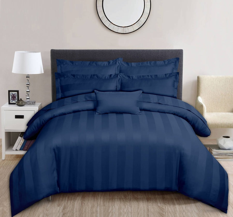 Luxury Stripe Satin Bedding Set – Blue| 6-Piece, King Size, Super Soft Fabric