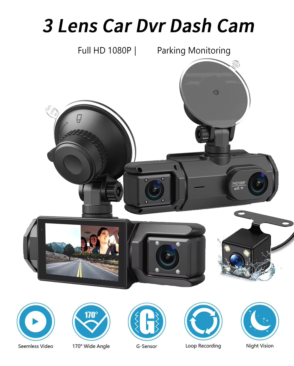 Three Lens Night Vision Car Dash Cam with DVR