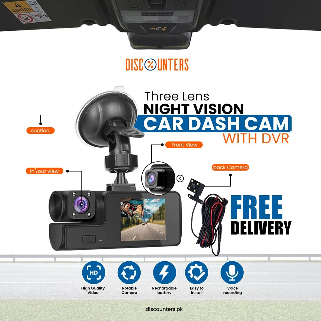 Three Lens Night Vision Car Dash Cam with DVR