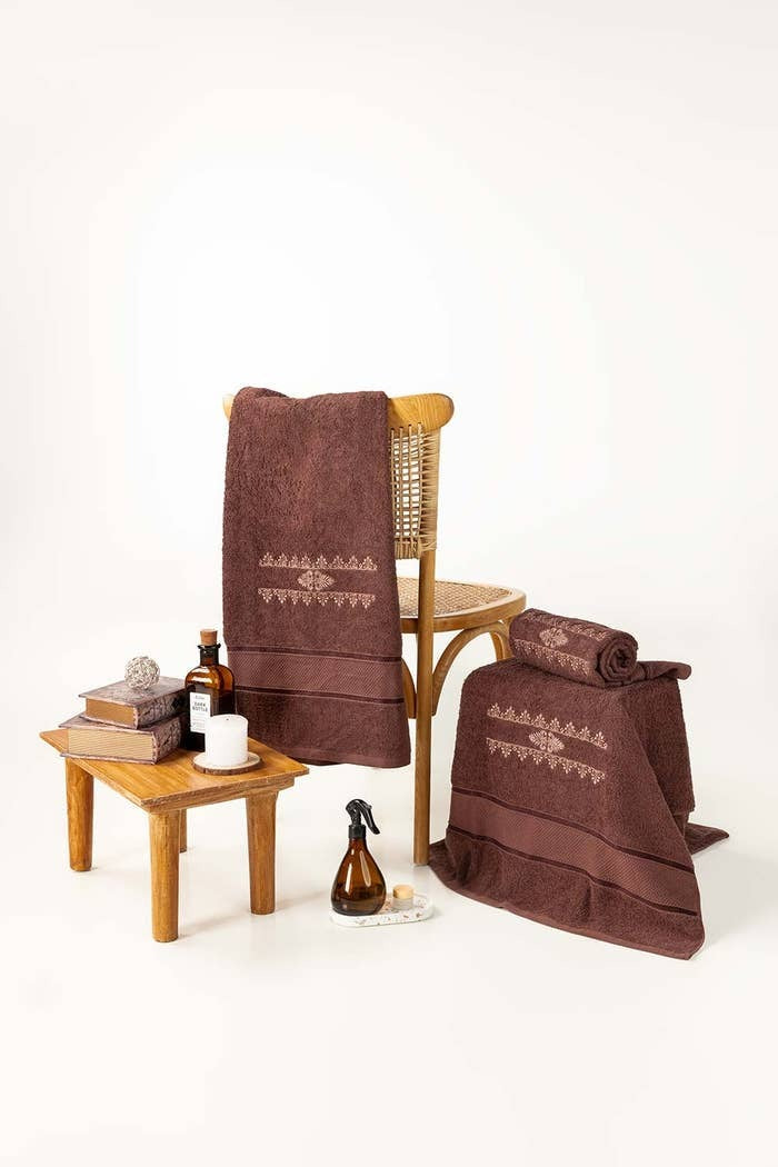 Brown 3-Piece Combed Embroidered Towel Set